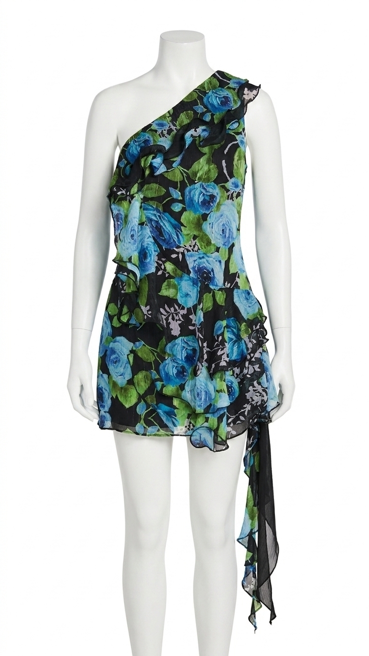 NEW ELLIATT briony one shoulder mini dress in black floral multi
